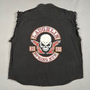 Laughlin‎ Nevada Spring Run 2001 Biker Vest Mens 3XL Black Shirt Skull Flames